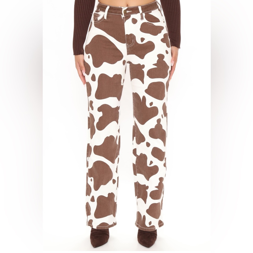 Brown Cow Print Wide Leg Jeans